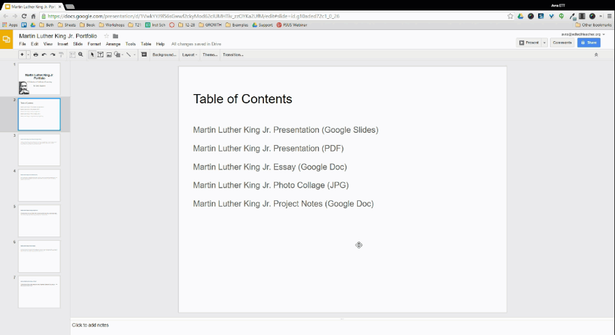 MLK Jr Slideshow Portfolio Creating a Table of Contents