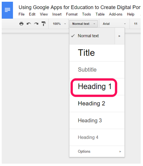 Table of Contents- Formatting- Digital Portfolios with Google Docs