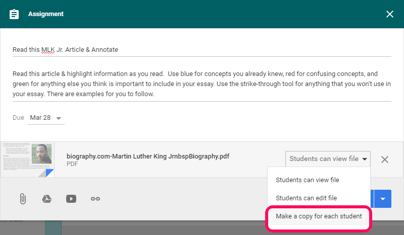 Google Classroom make a copy for each student